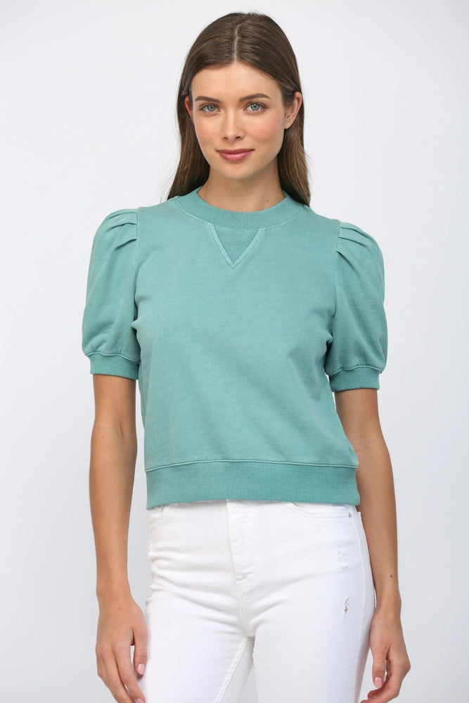Short Pleated Bubble Sleeve Crew Neck Top Fate