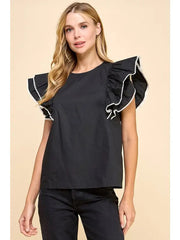 Contrast Trim Ruffle Sleeve Top TCEC