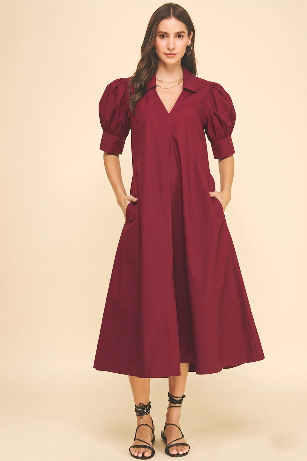 V-Neck Pleated A-Line Dress Pinch