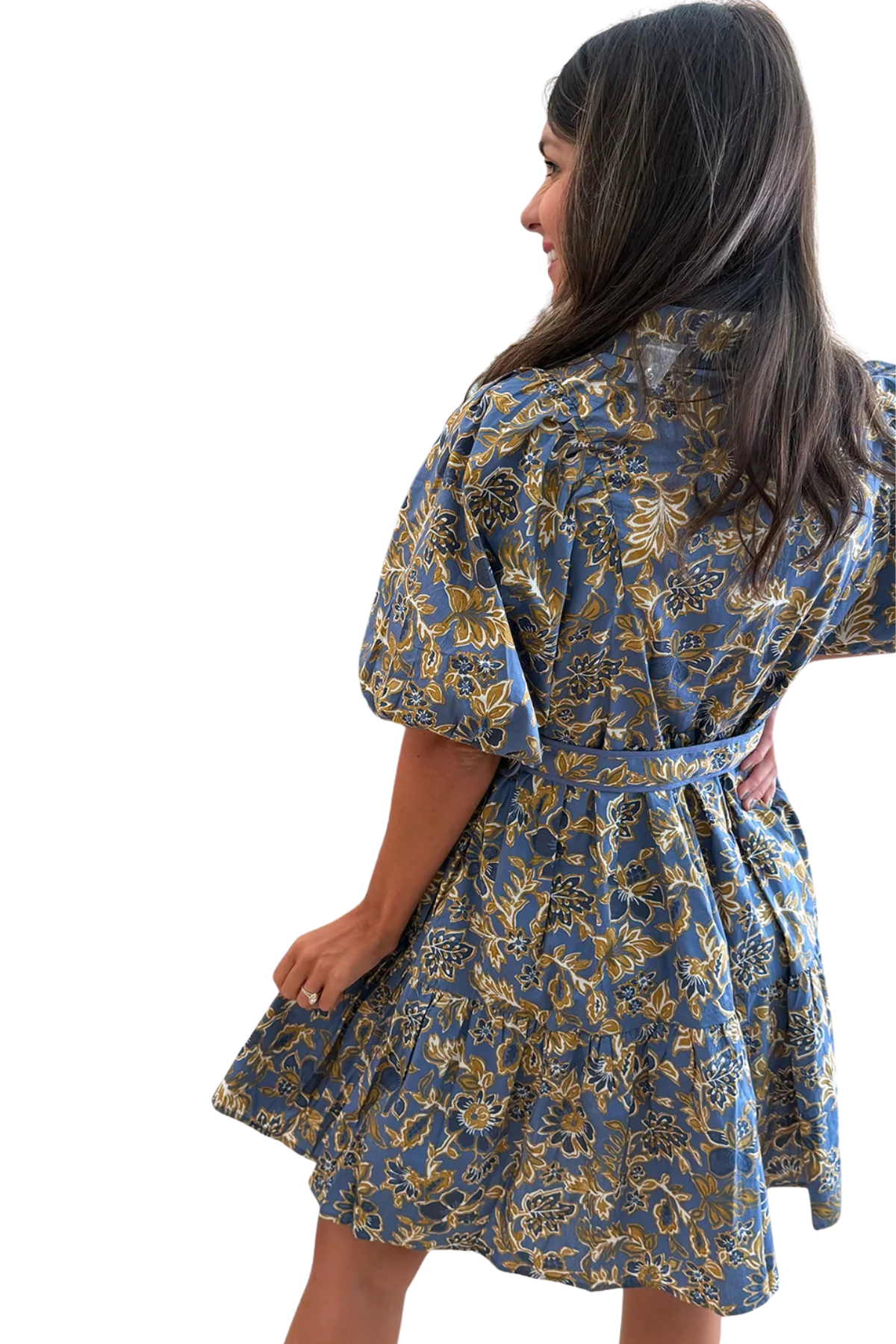 Blue & Gold Belted Mini Dress Olivaceous