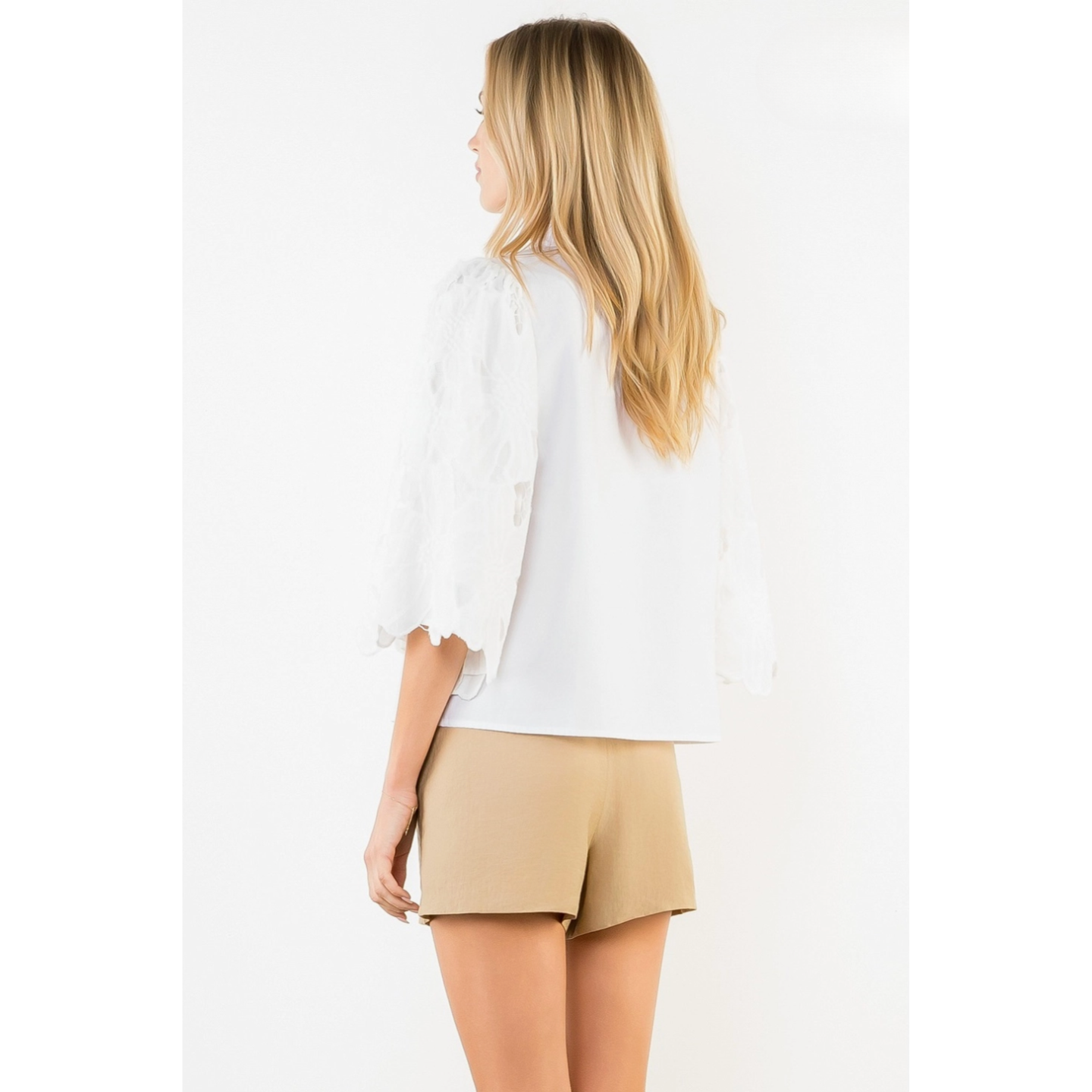 Eyelet Embrodiered Sleeve Top with Ruched Neckline THML
