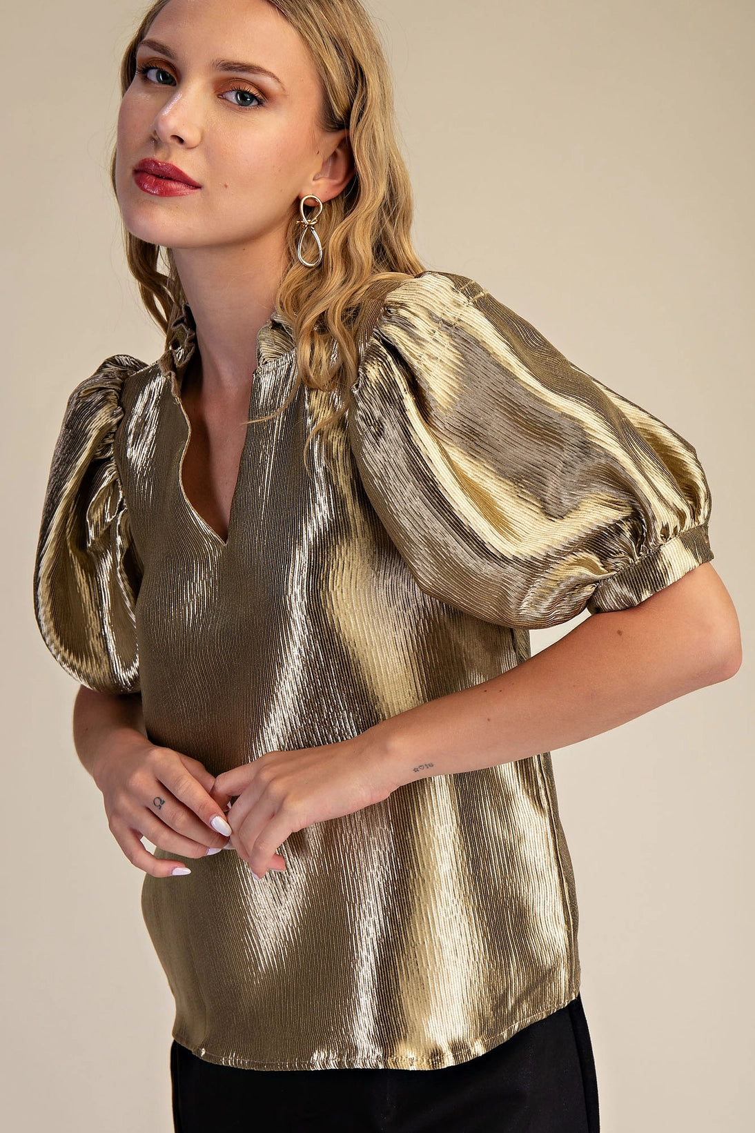 Ruffle V-Neck Puff Sleeve Top Glam
