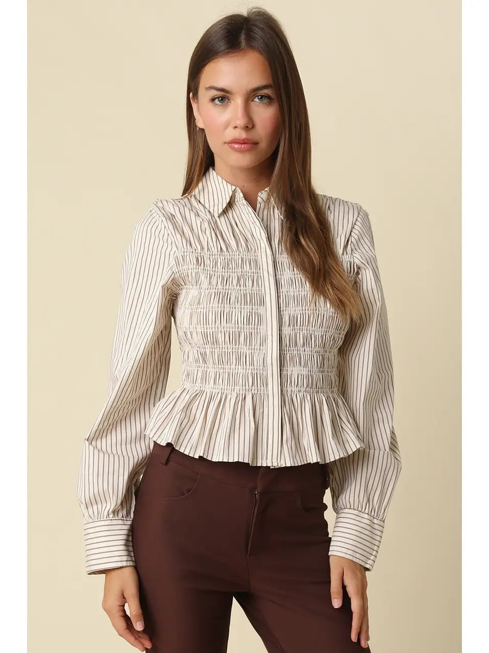 Nomi Smocked Peplum Shirt Olivaceous