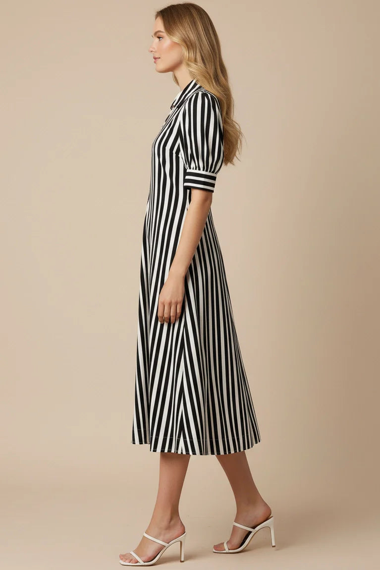Striped V-Neck Midi Dress Pinch