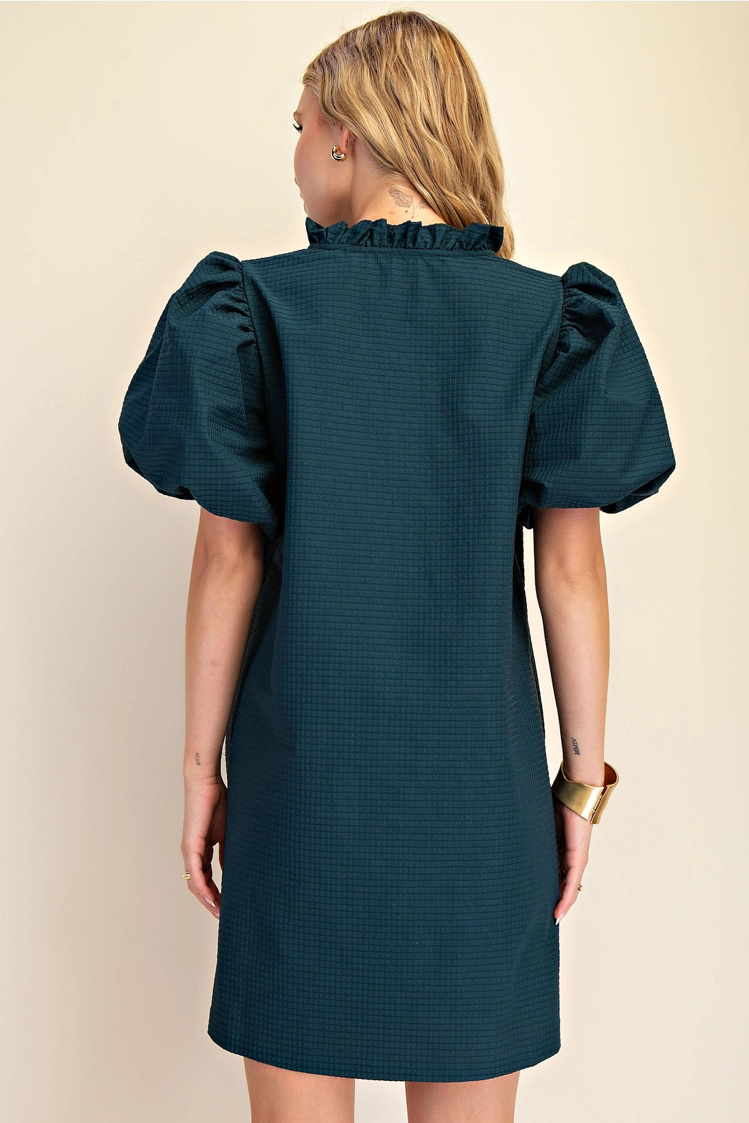 Ruffle V-Neck Puff Sleeve Mini Dress Glam