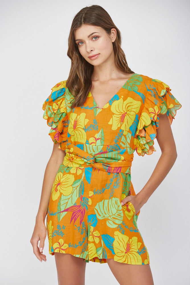 TROPICAL PRINT LINEN RUFFLE SLV ROMPER Shop Expeditions