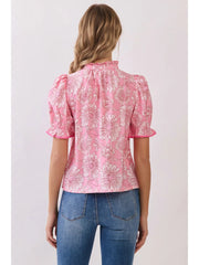 Floral Contrast Piping Detail Puff Sleeve Blouse TCEC