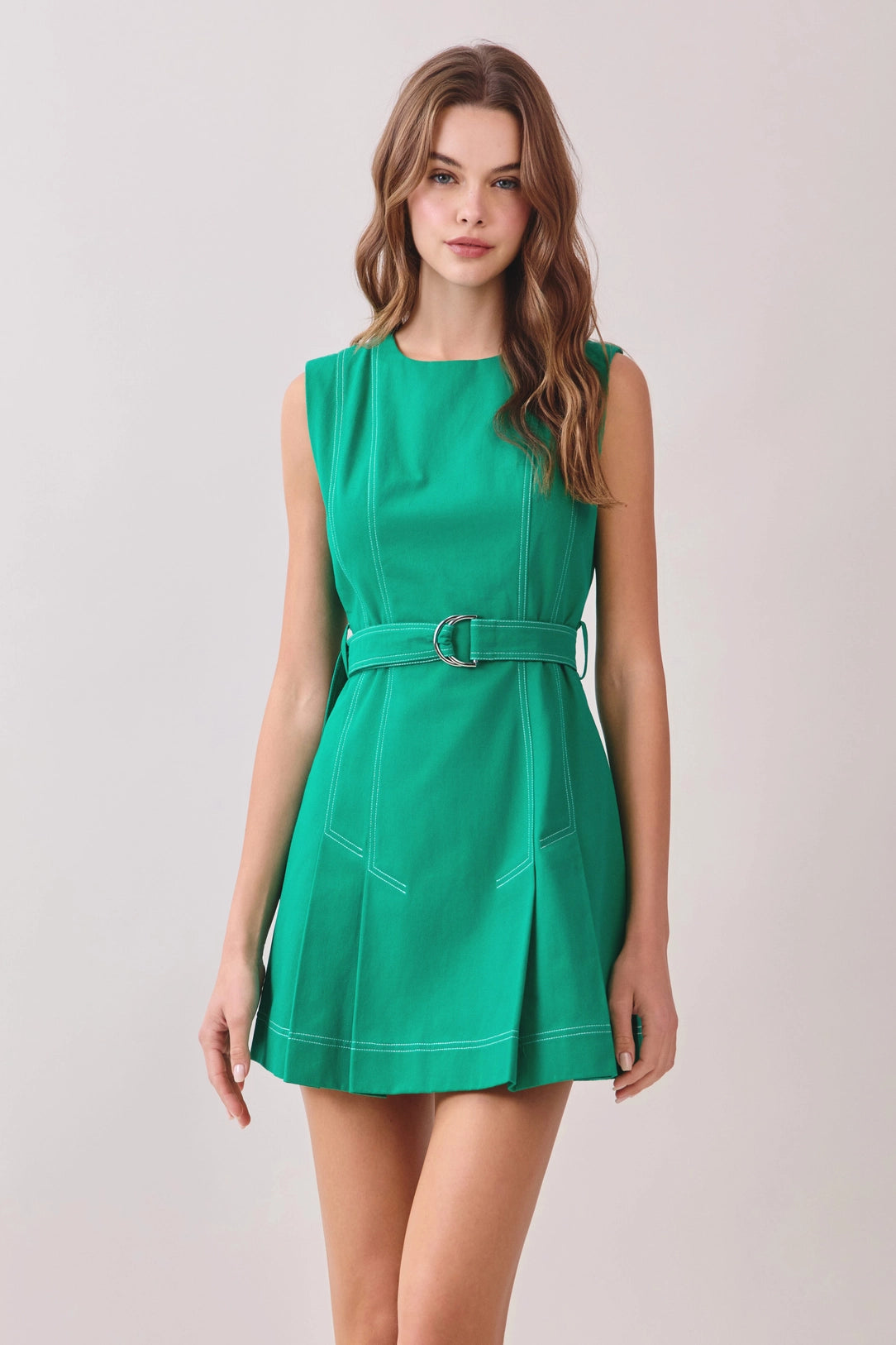 Contrast Topstitching Front Pleats Detail Dress TCEC