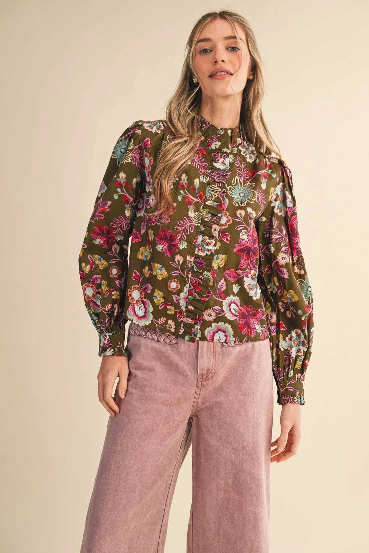 Floral Print Ruffled Button Down Top Merci