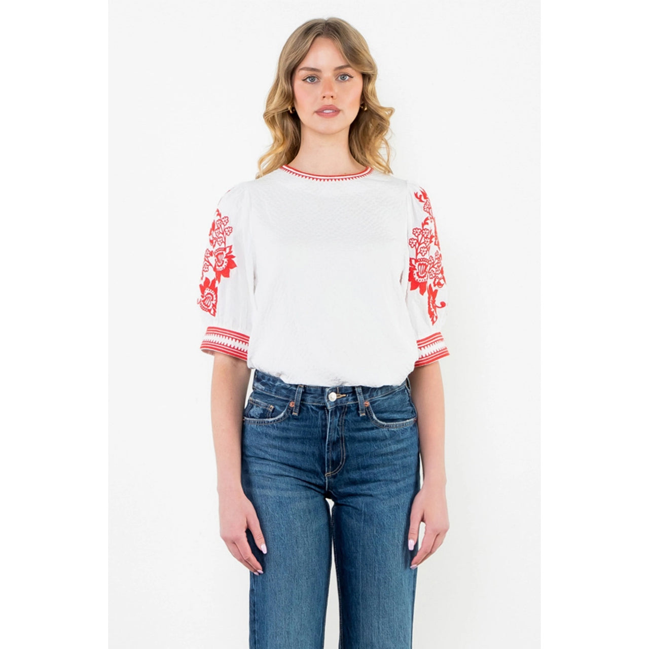 Embroidered Puff Sleeve Textured Top