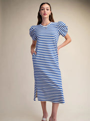 Comfortable Midi Dress Round Neck Puff Short Sleeve Glam