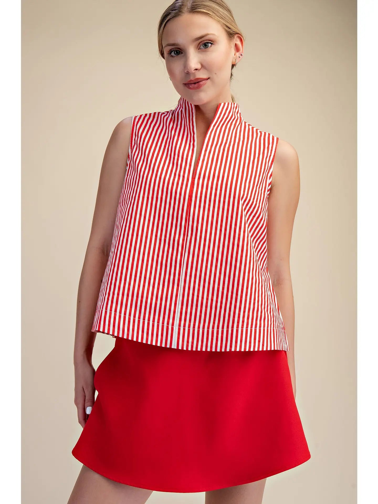 Stand Collar Slit V-Neck Sleeveless Stripe Top Glam