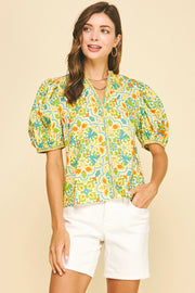 Damask V-Neck Blouse Top Pinch