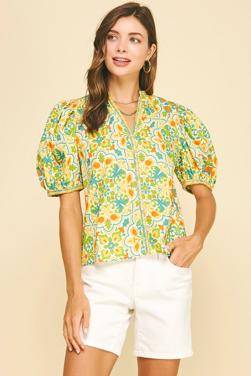 Damask V-Neck Blouse Top Pinch