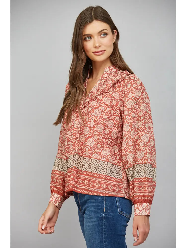 Border Print Ruffled Button Front Blouse Fate