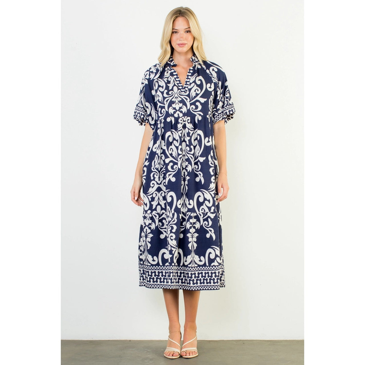 Puff Sleeve Print Midi Dress THML