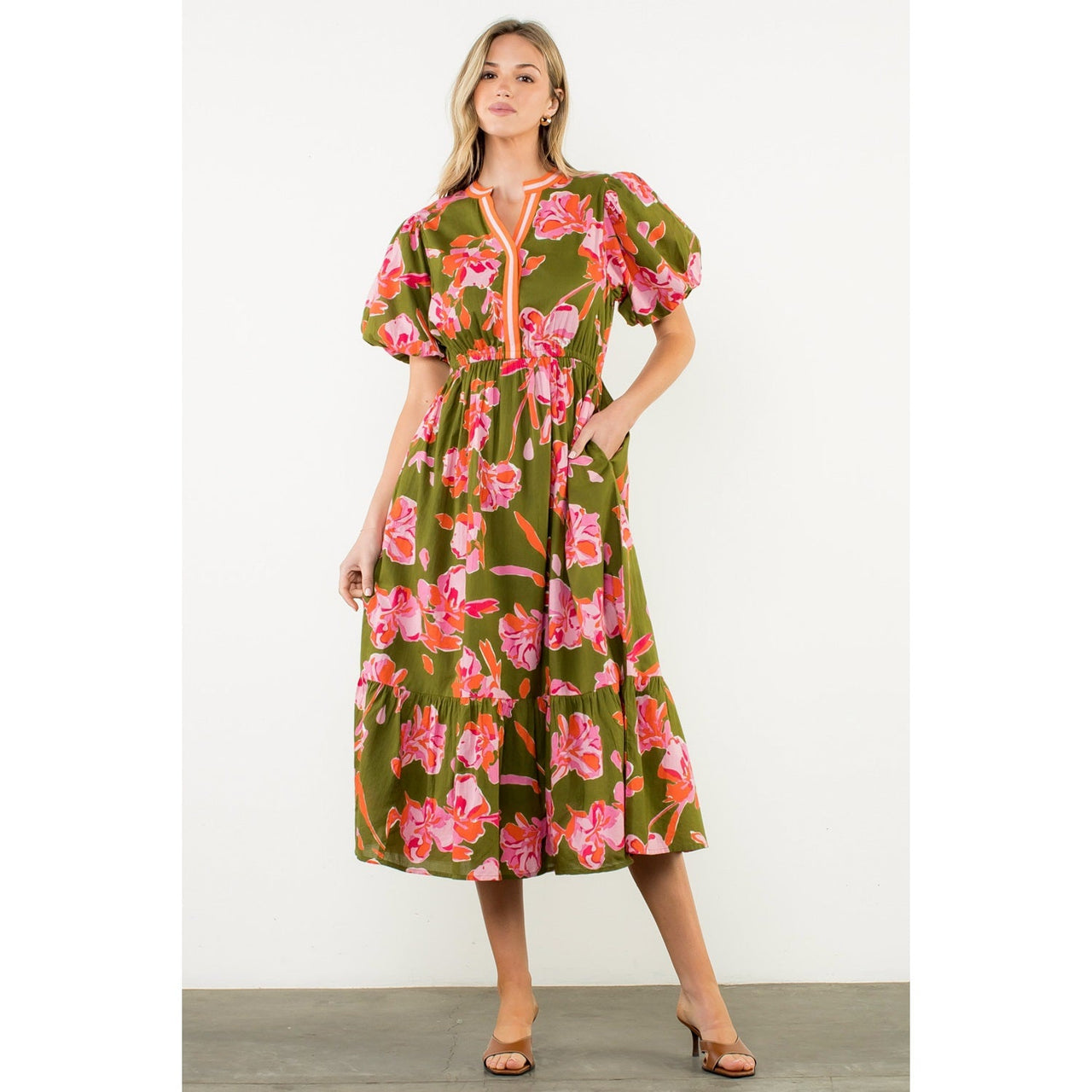Puff Sleeve Flower Print Dress THML
