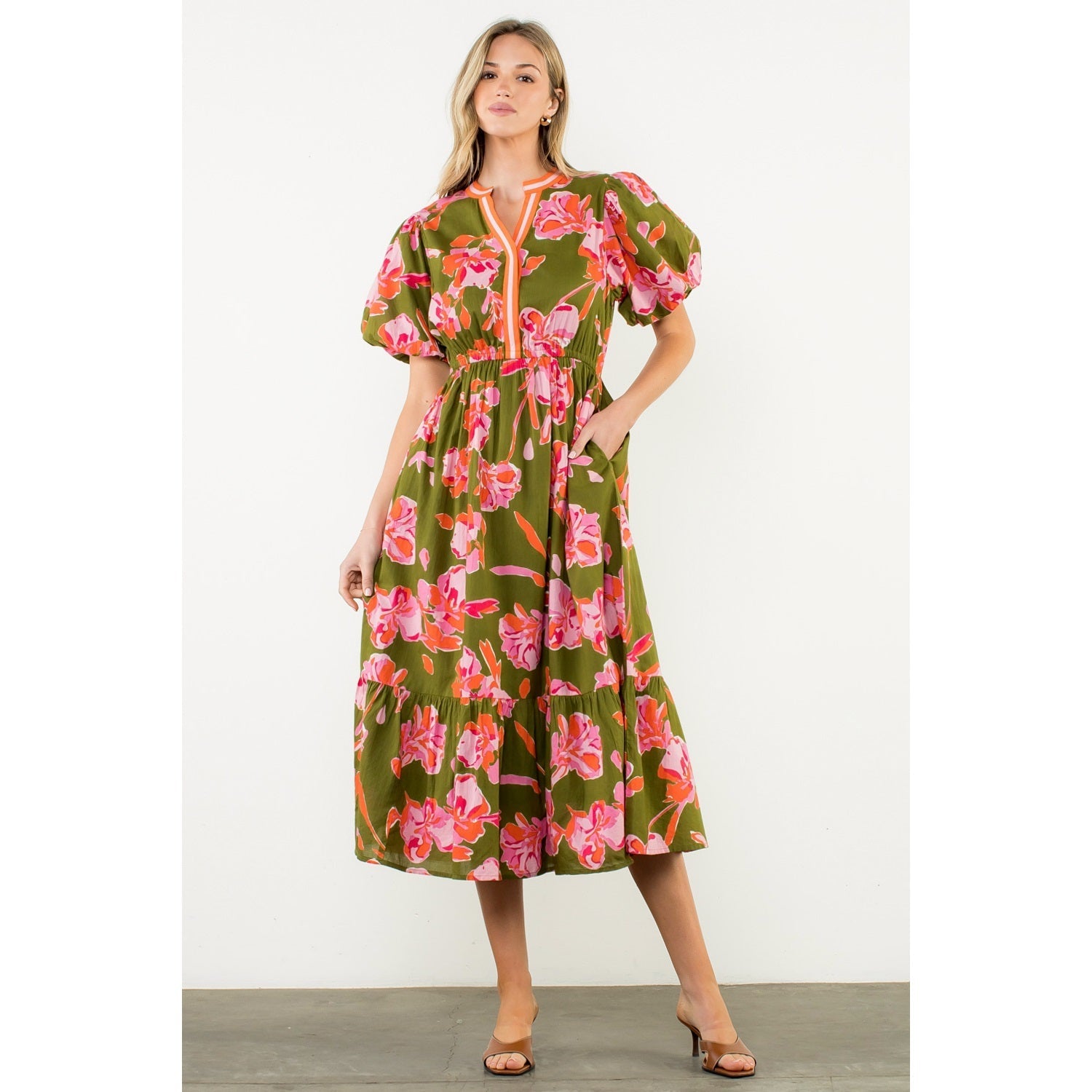Puff Sleeve Flower Print Dress THML