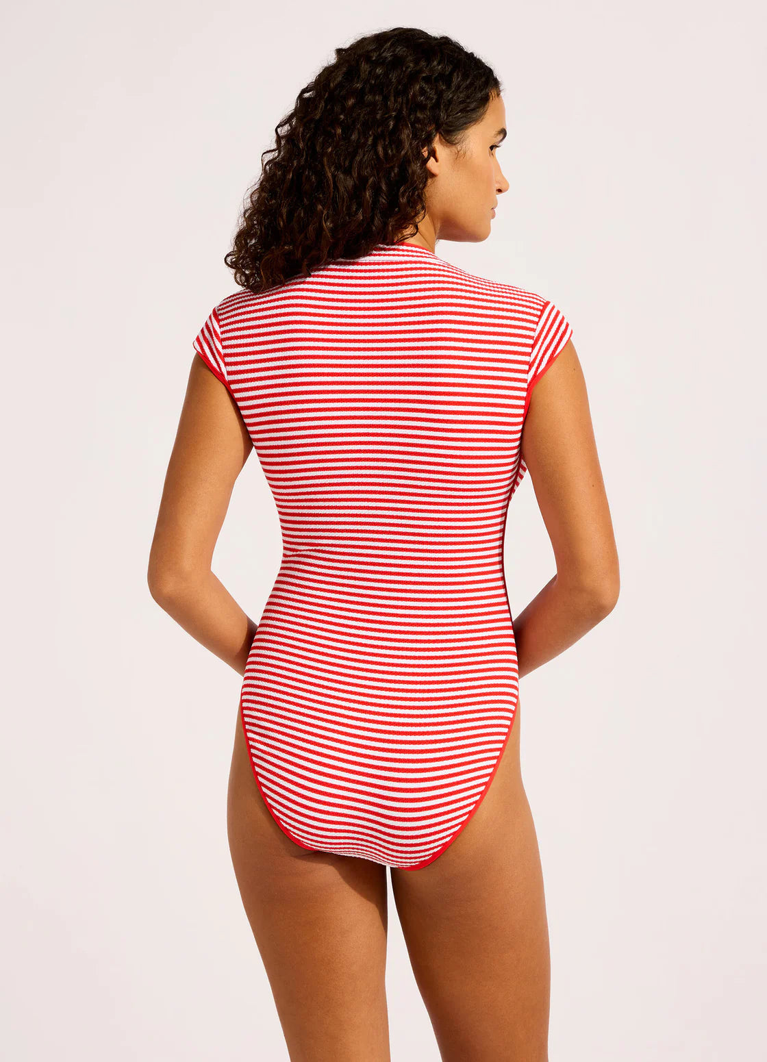 Seafolly Clubhouse Cap Sleeve Zip Front One Piece Swimsuit Seafolly