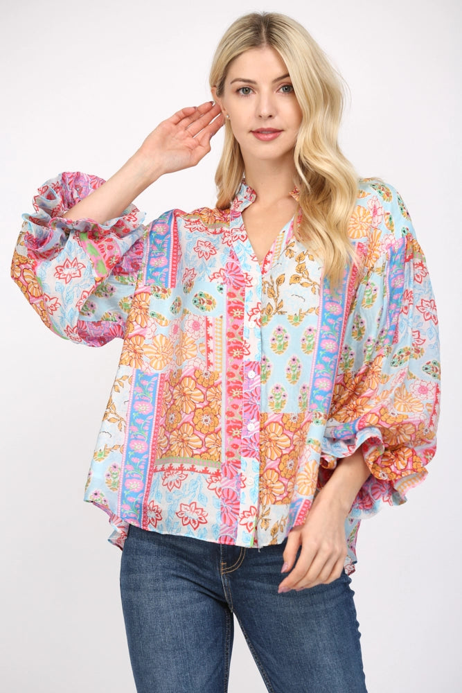 Patchwork Print 3/4 Bubble Sleeve Blouse