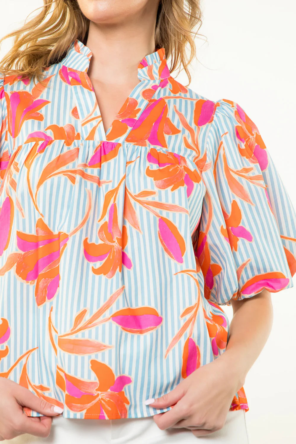 STRIPED FLORAL PUFF SLEEVE TOP Shop Expeditions
