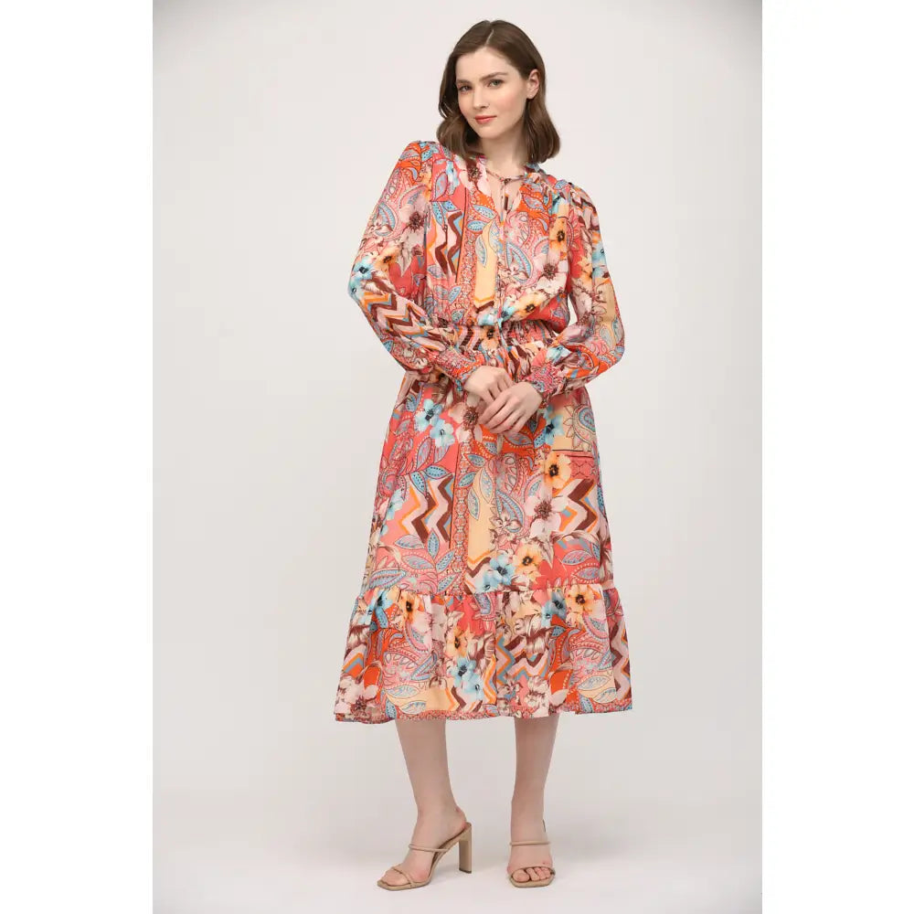 Printed Tencel Blend Tassel Tie Neck Midi Dress