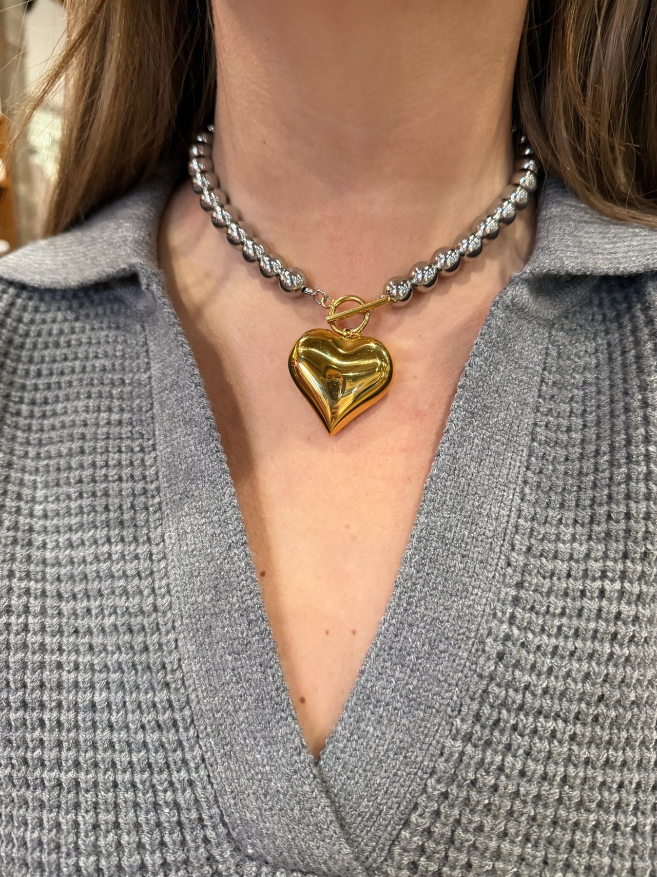 Silver Bead w/ Gold Puffer Heart Necklace