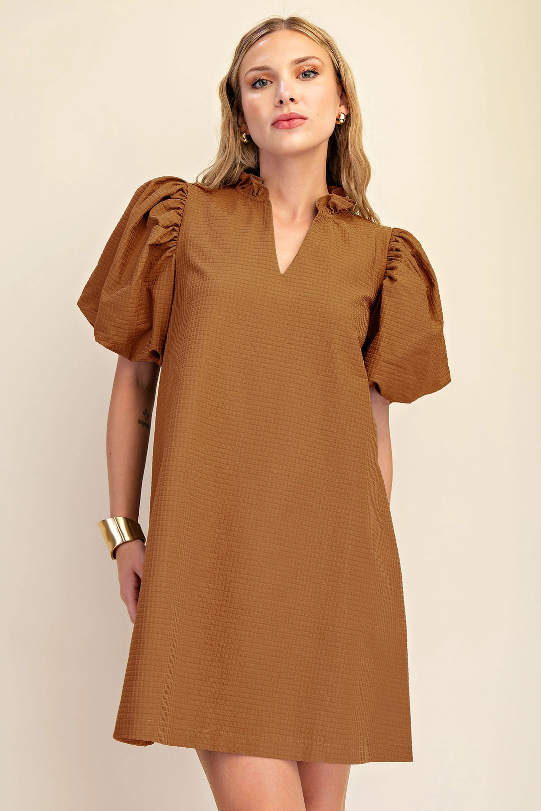 Ruffle V-Neck Puff Sleeve Mini Dress Glam