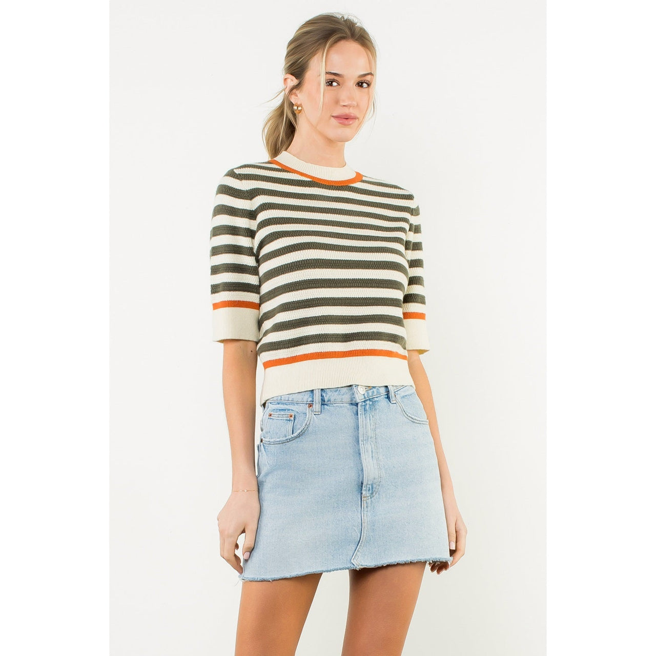 Short Sleeve Striped Knit Top THML