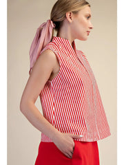 Stand Collar Slit V-Neck Sleeveless Stripe Top Glam