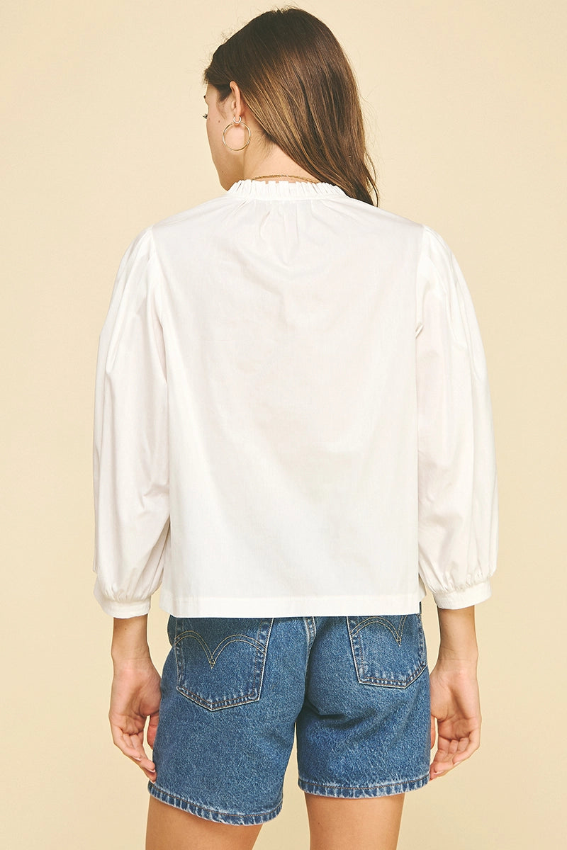 Ruffled Mock Neck Poplin Bloue Top Pinch