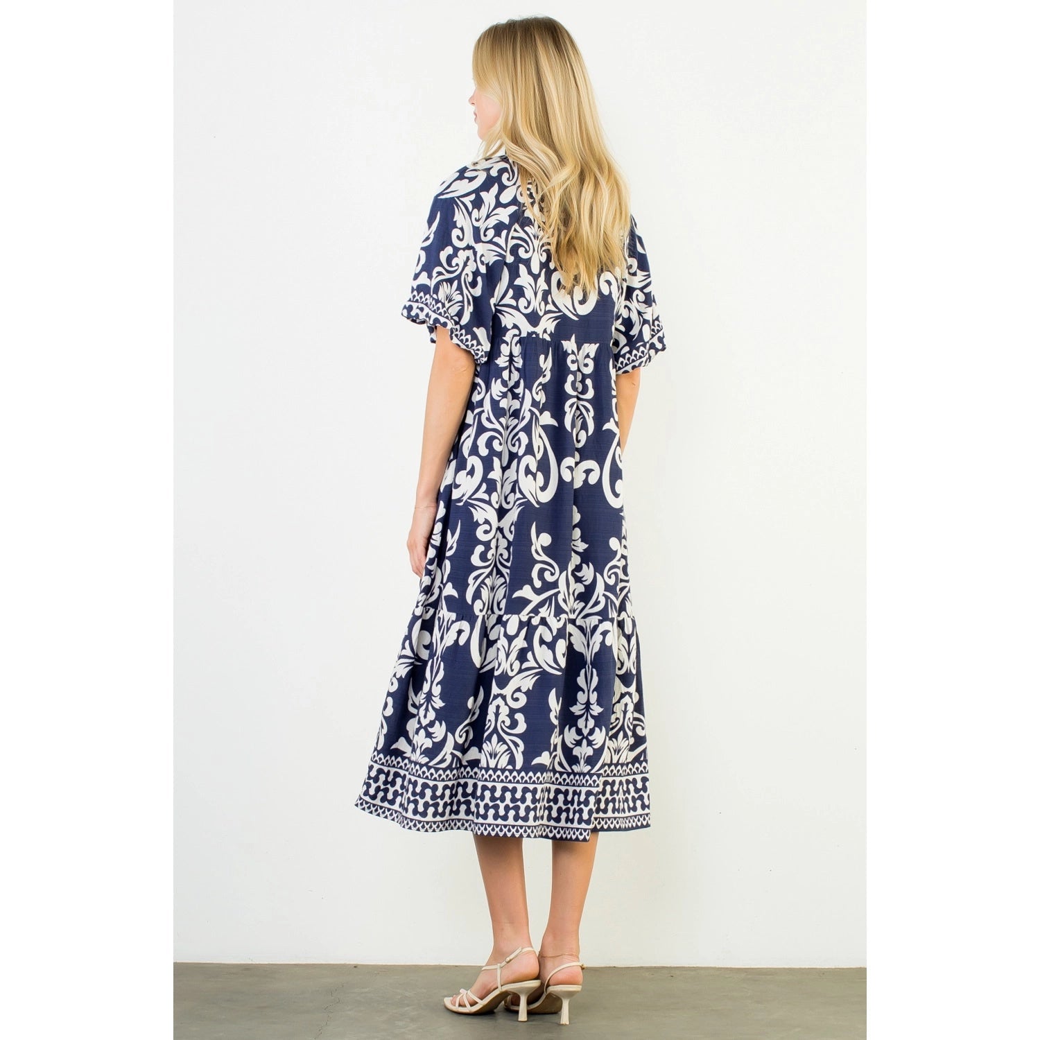Puff Sleeve Print Midi Dress THML