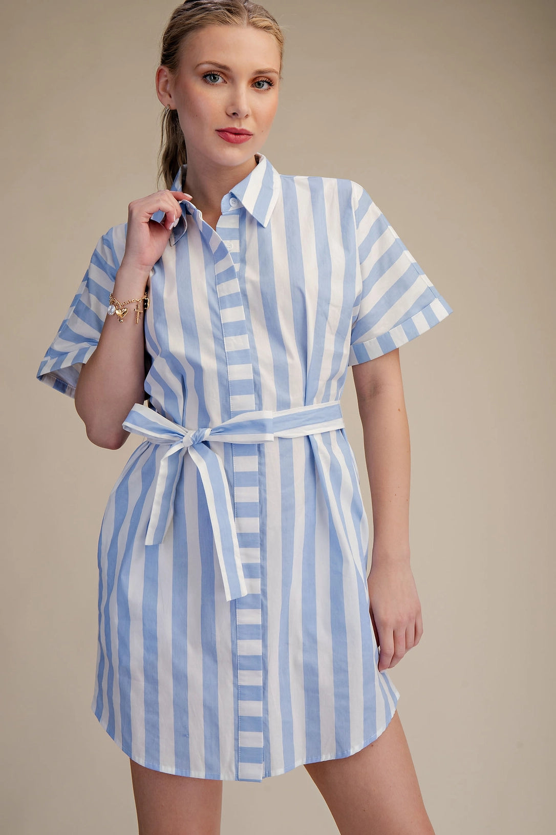 Collar Neck Button-Up Shirts Waist Tie Mini Dress Glam