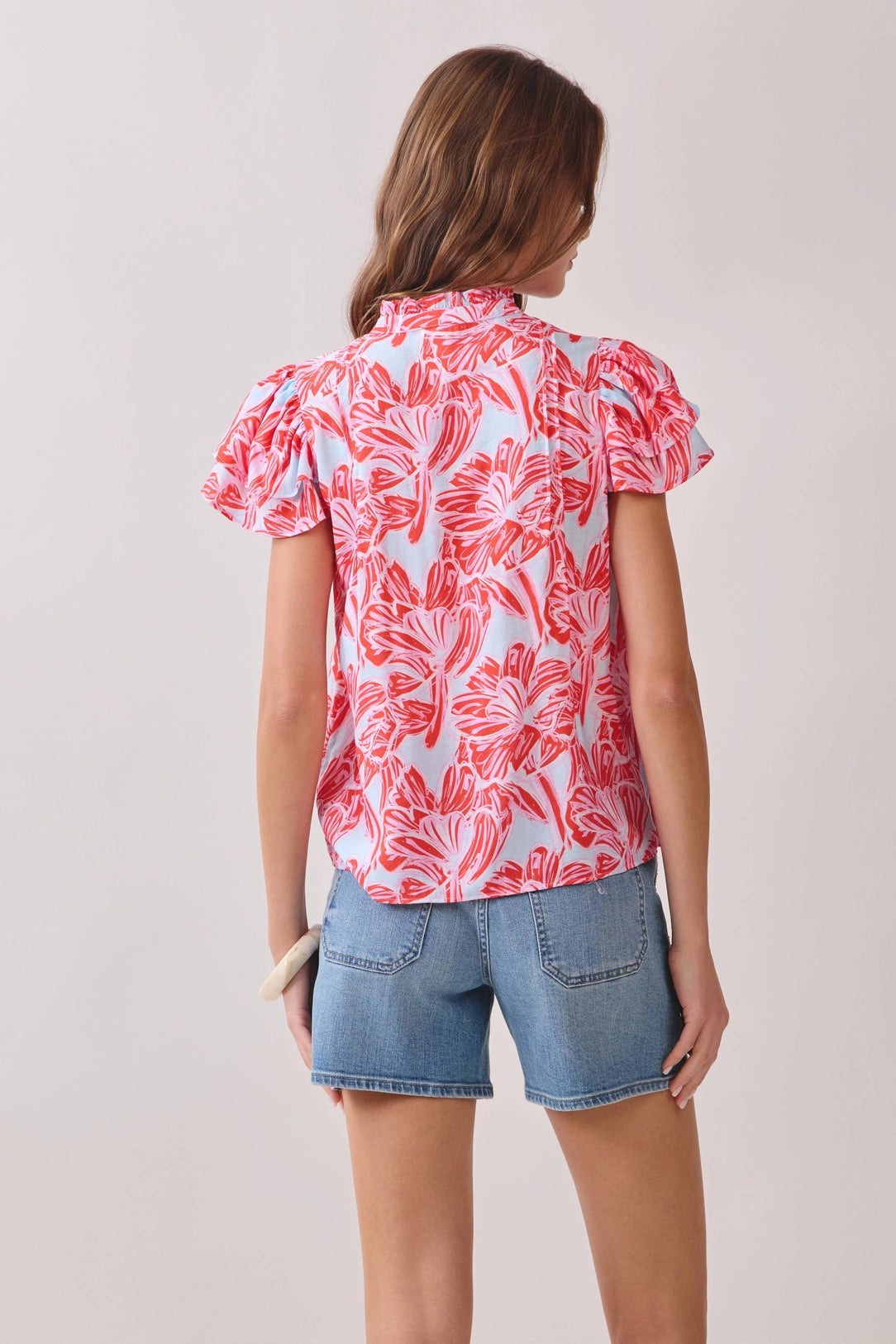 Floral Print Layered Ruffle Sleeves Split Neck Top TCEC