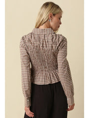 Piper Smocked Gingham Peplum Blouse Olivaceous