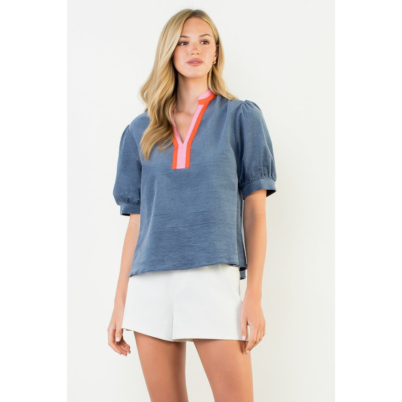 Puff Sleeve Textured V-Neck Top THML