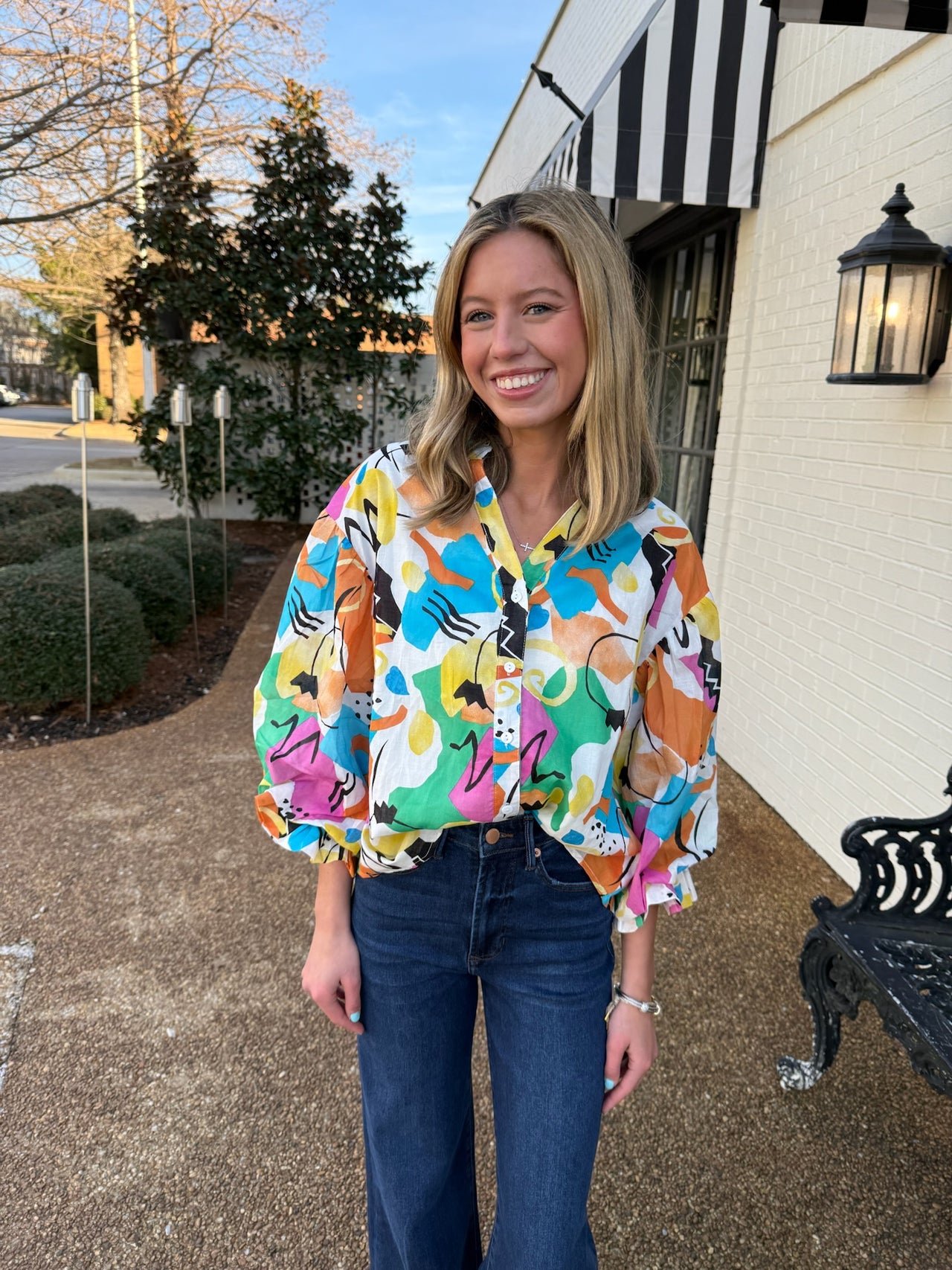 Abstract Print Bubble Sleeve Blouse