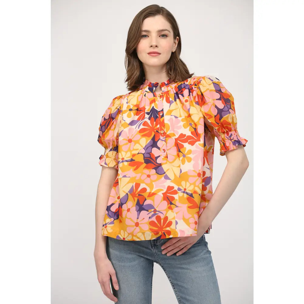 Floral Print Cotton Voile Short Puff Sleeve Top