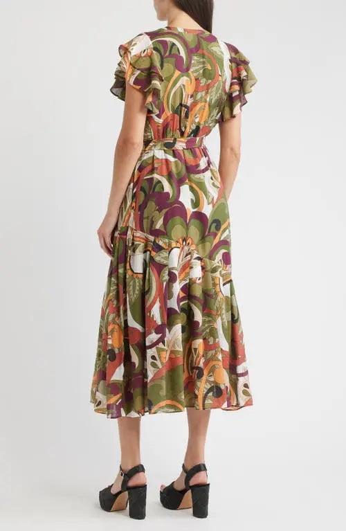 Nythia Printed Flutter Midi Dress Ciebon