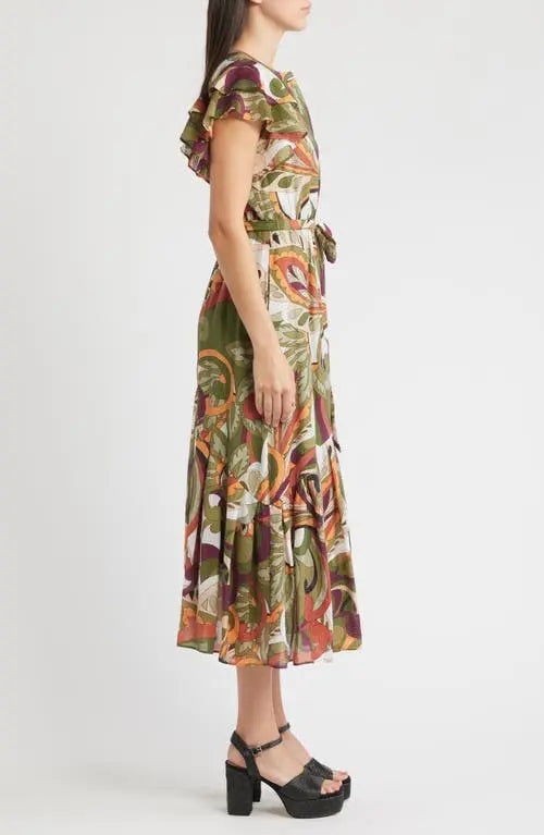 Nythia Printed Flutter Midi Dress Ciebon