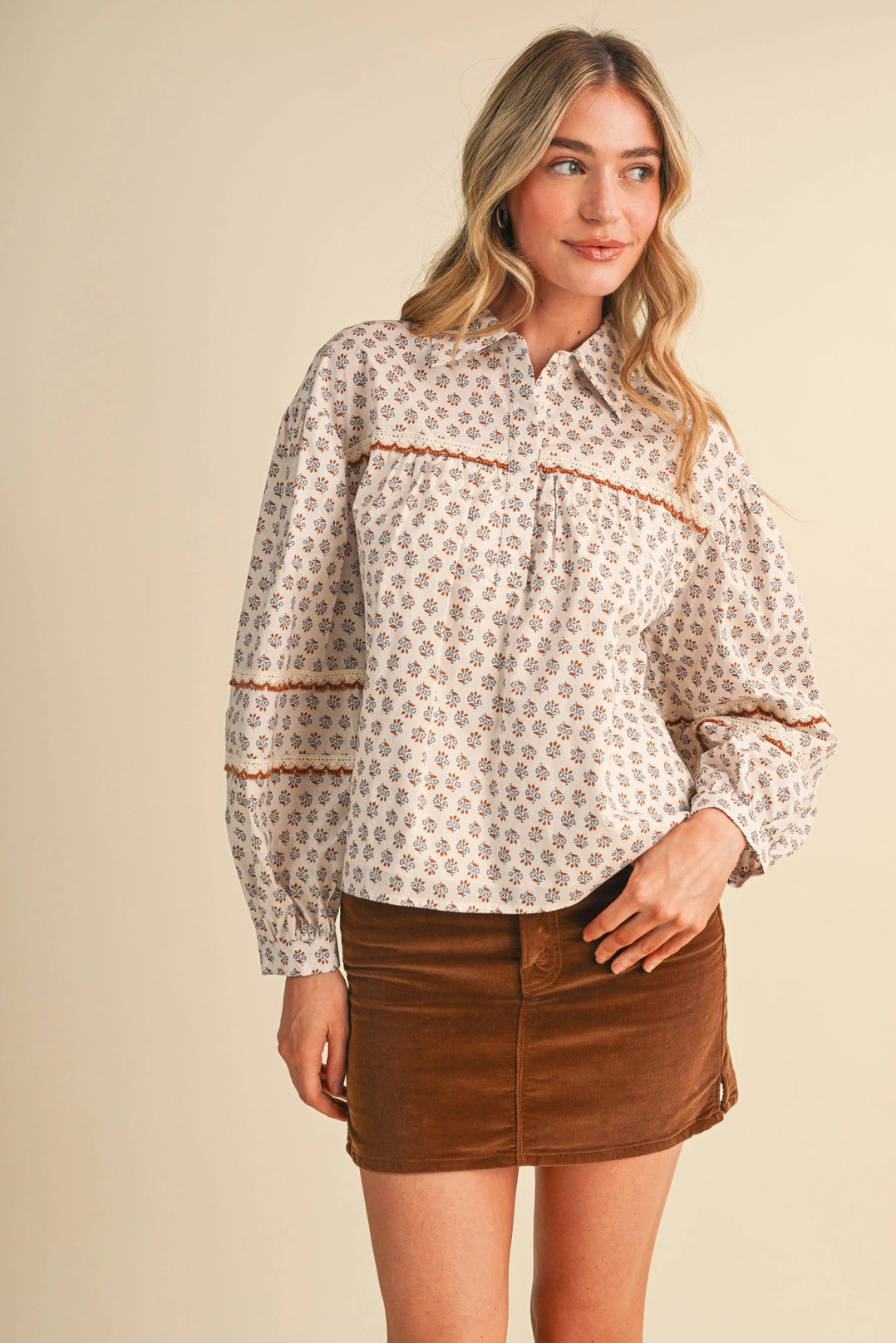 Floral Lace Trim Button Up Top Merci