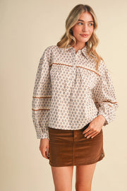 Floral Lace Trim Button Up Top Merci
