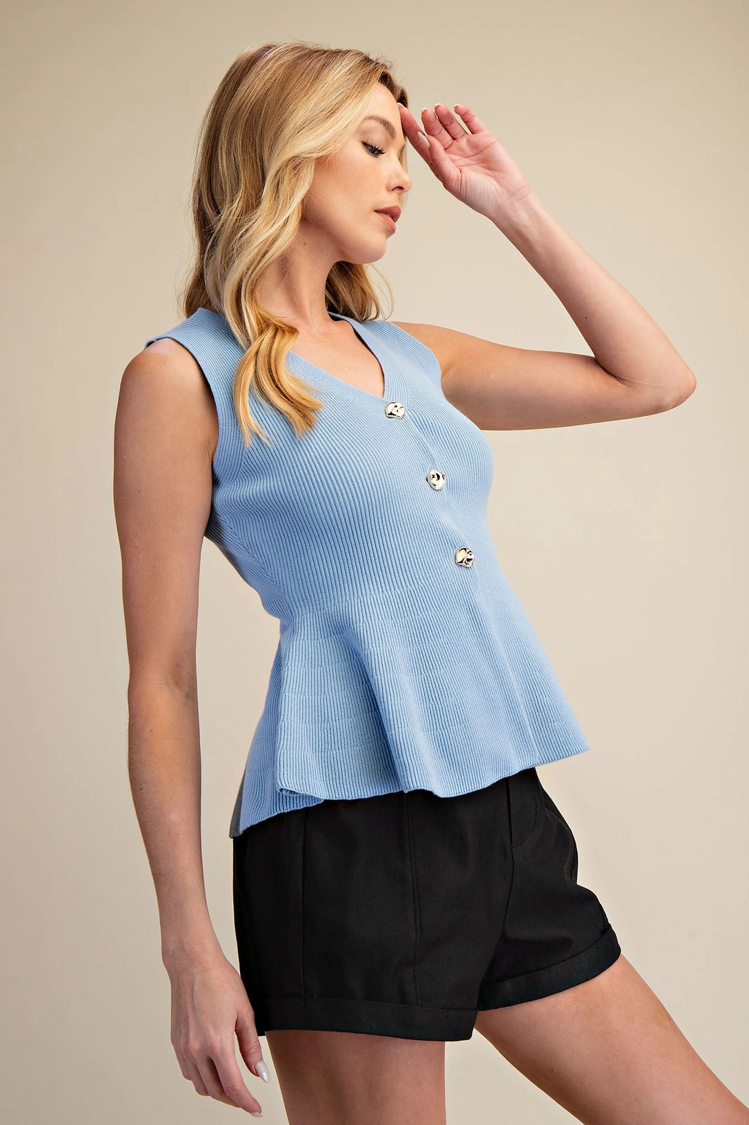 V-Neck Sleeveless Peplum Vest Sweater Top Glam