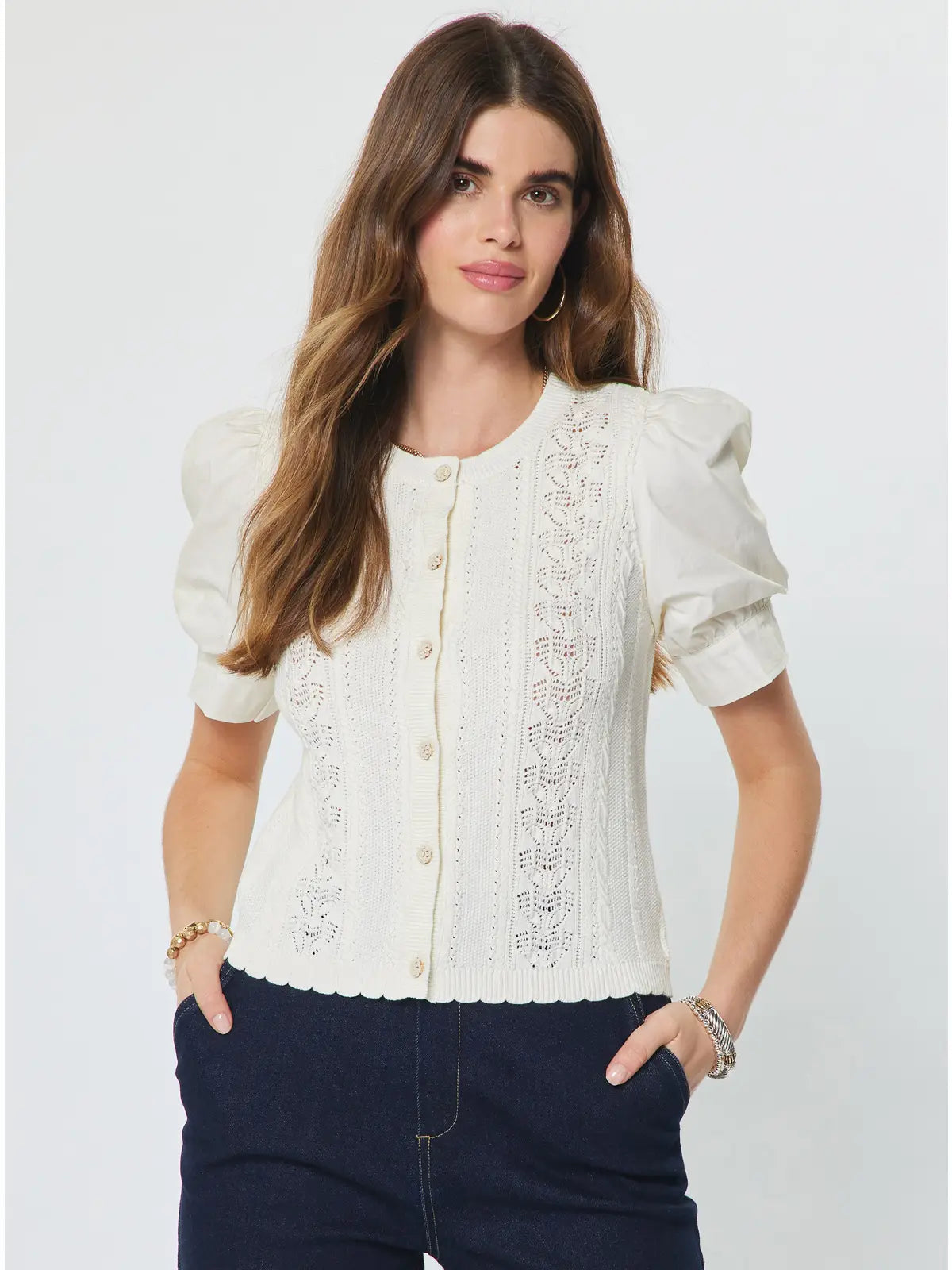 Woven Puff Sleeve Button Down Sweater Current Air