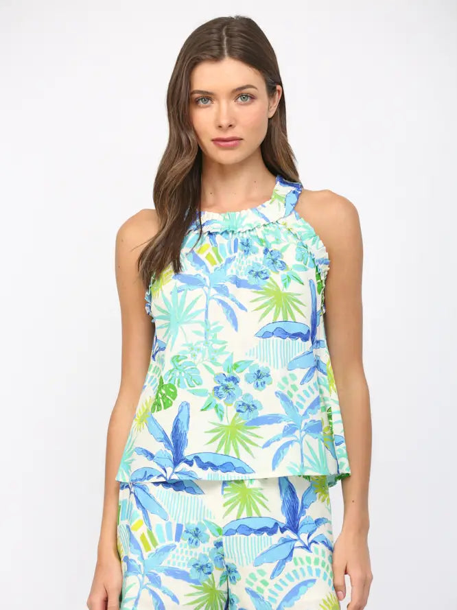 Tropical Print Linen Ruffle Detail Sleeveless Top Fate