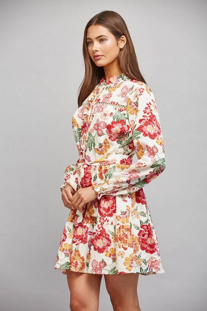 Lace Trimmed Ruffle Detail Self Tie Waist Dress Fate
