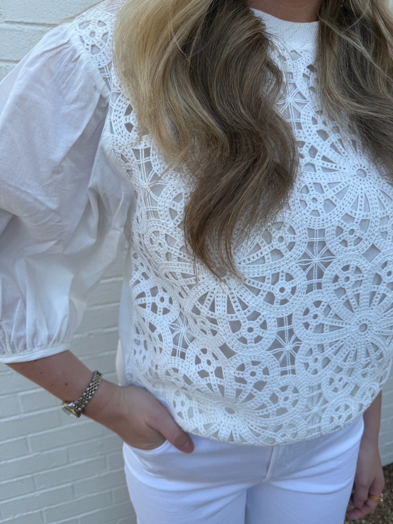 Mixed Media Round Neck Lace Sweater