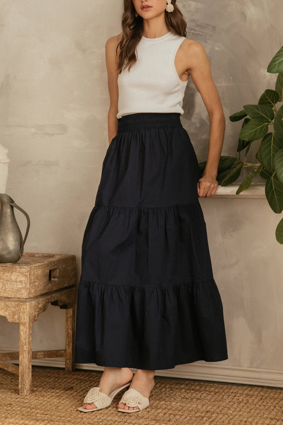 Poplin Smock Waist Maxi Skirt