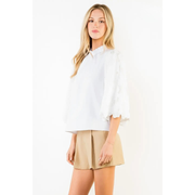 Eyelet Embrodiered Sleeve Top with Ruched Neckline THML
