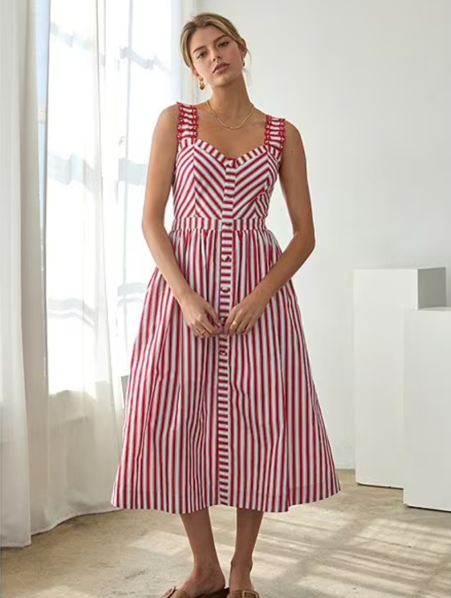 Striped Sweetheart Neck Sleeveless A-Line Midi Dress Skies are Blue